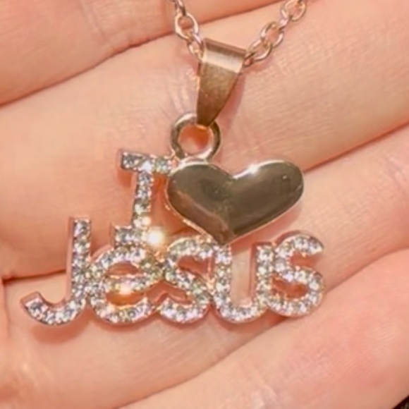 Rose Gold Color 'I Love Jesus' Crystals Necklace - Picture 3 of 6